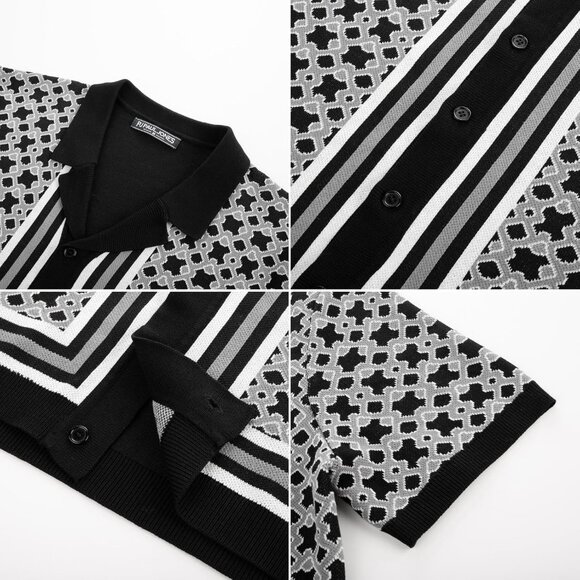 Men Black Short Sleeve Button Up Shirt Casual Knit Geometric Pattern Top - Picture 2 of 5
